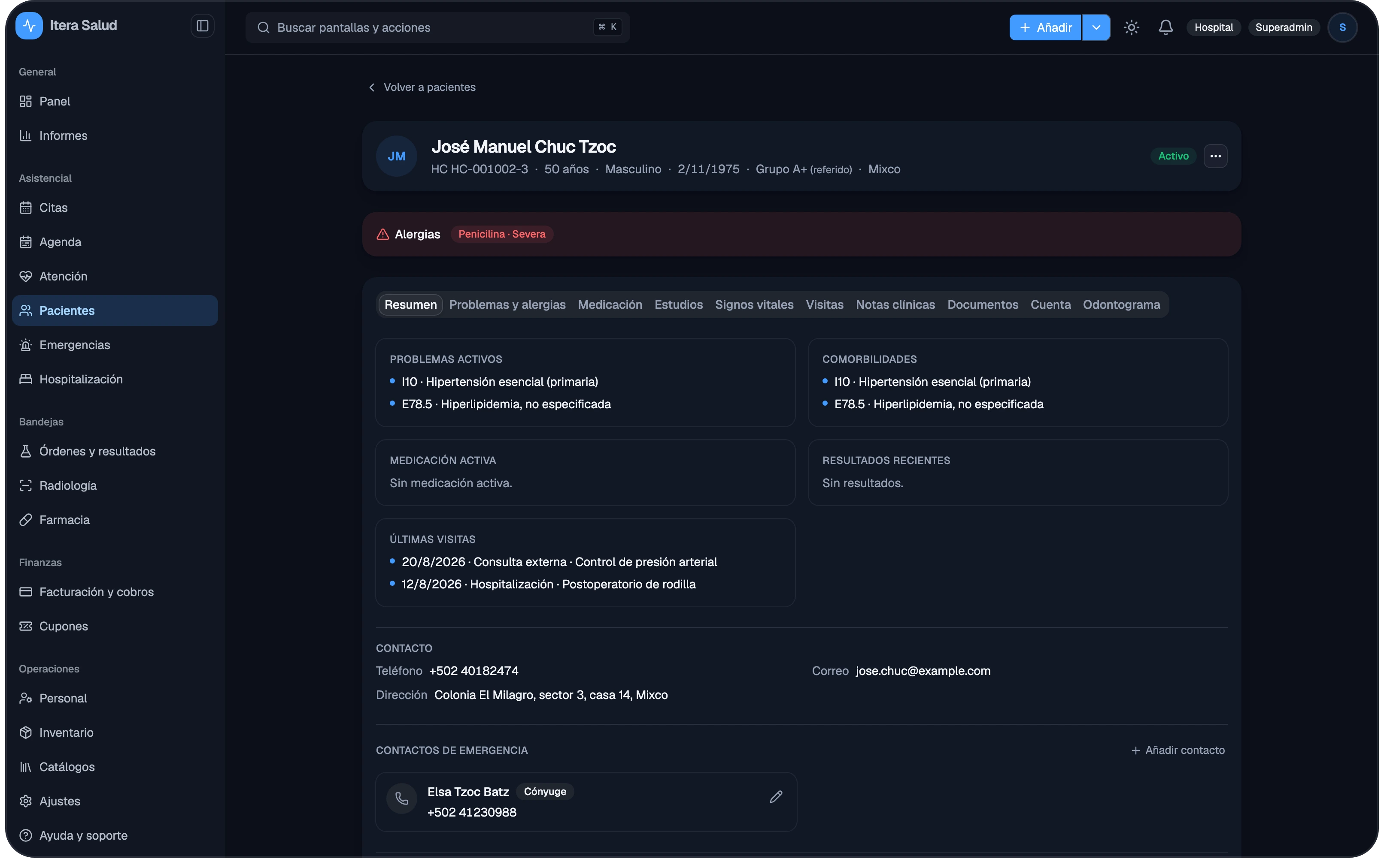 Expediente de un paciente con sus alergias, problemas activos y contacto
